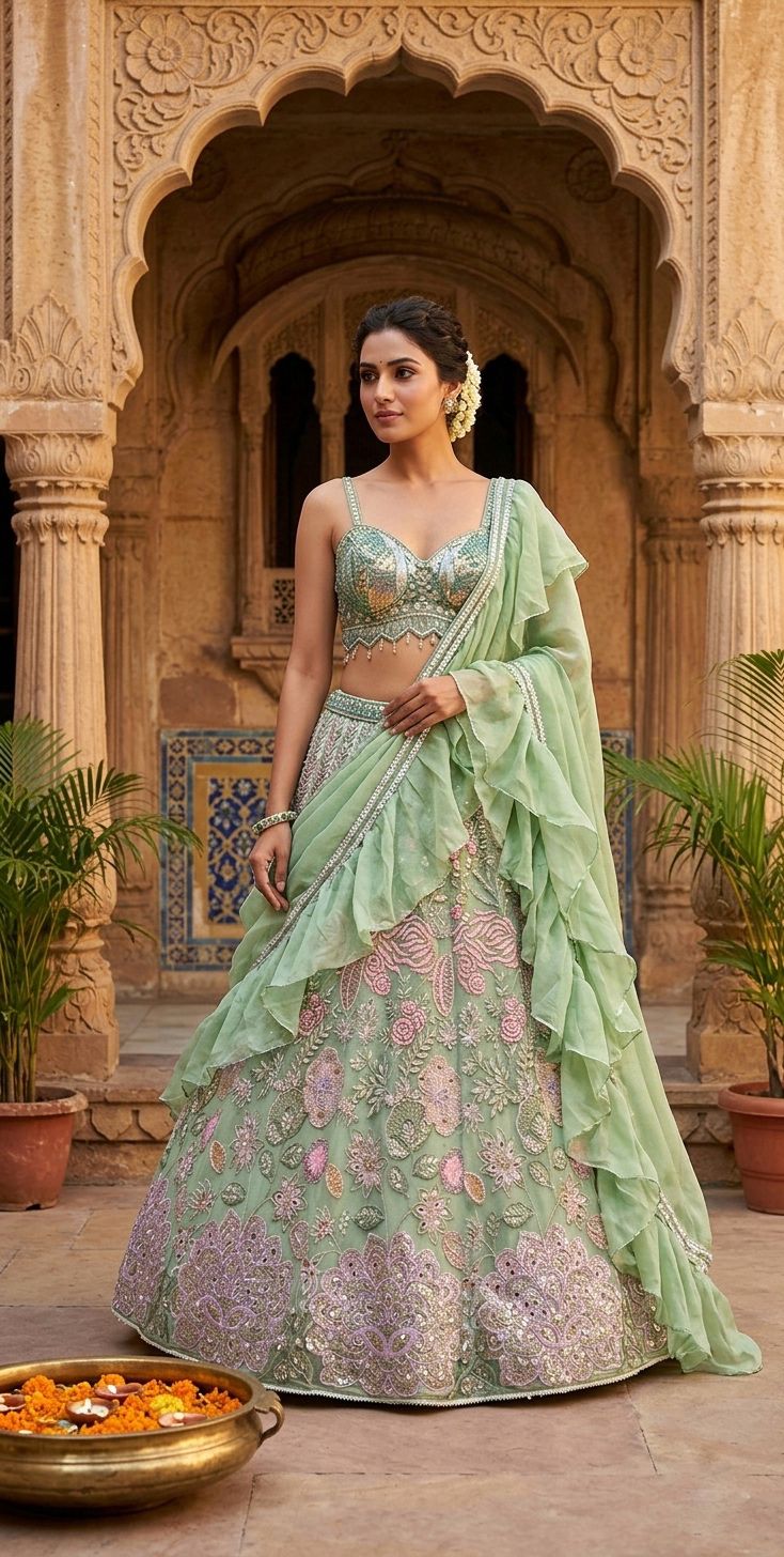 Green Chinon Silk Sequins Embroidered Lehenga Set