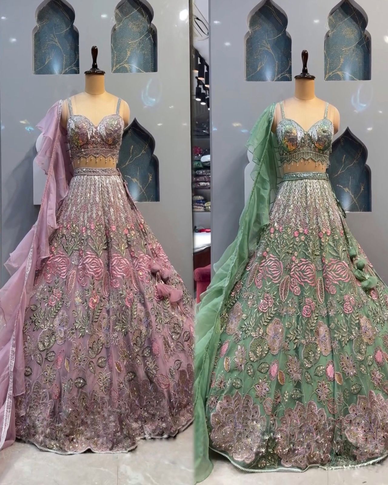 Green Chinon Silk Sequins Embroidered Lehenga Set