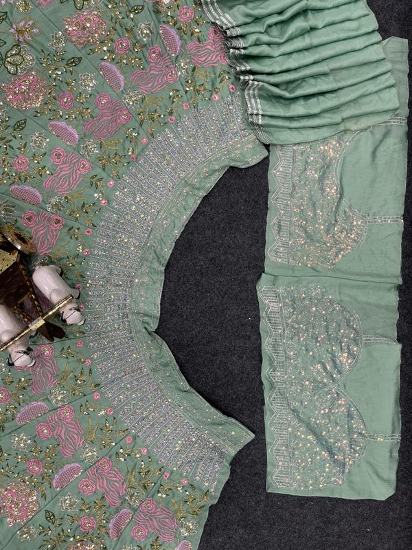 Green Chinon Silk Sequins Embroidered Lehenga Set