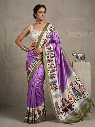 Elegant Purple Warli Art Cotton Saree with Designer Pallu