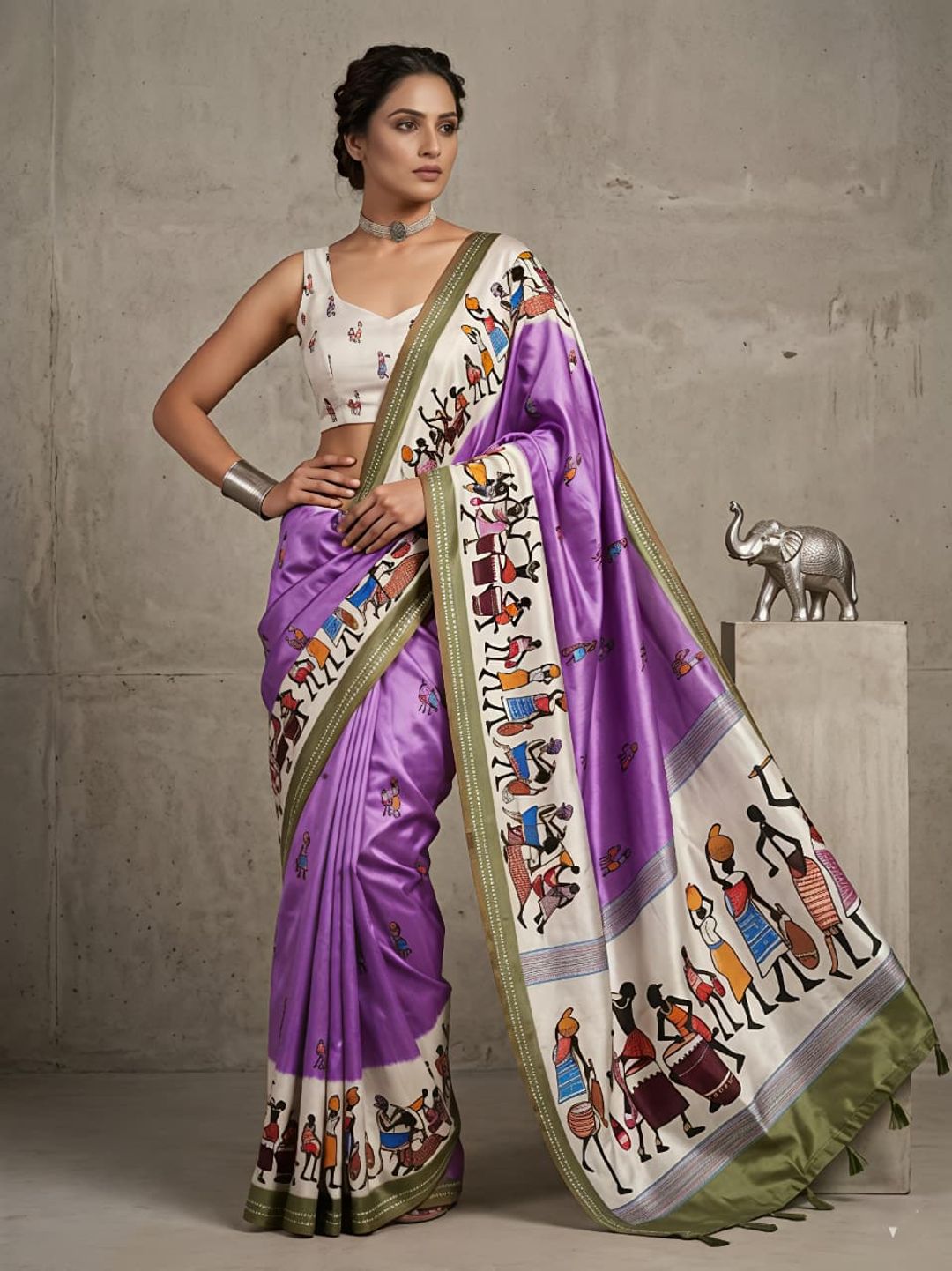 Elegant Purple Warli Art Cotton Saree with Designer Pallu