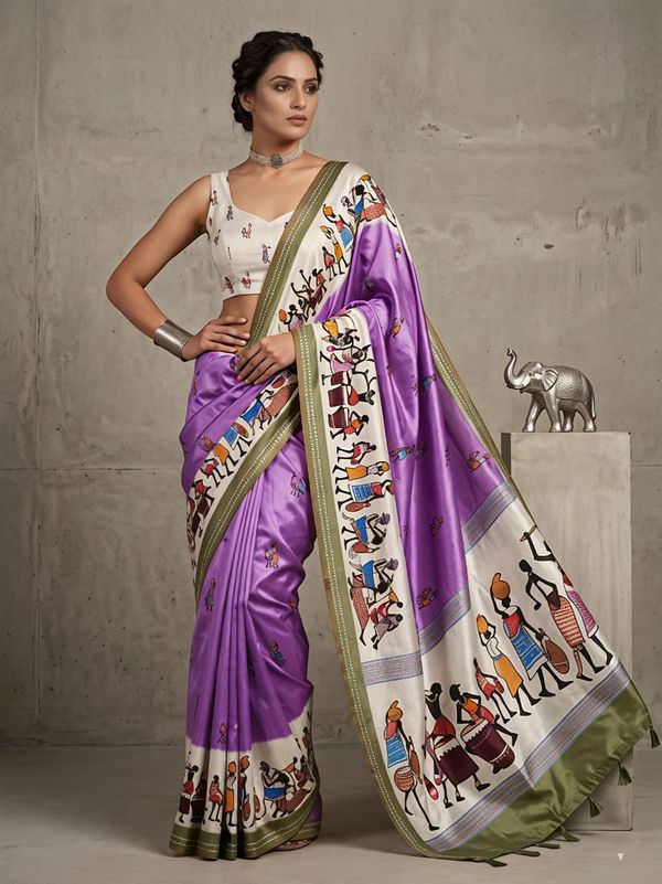 Elegant Purple Warli Art Cotton Saree With Designer Pallu