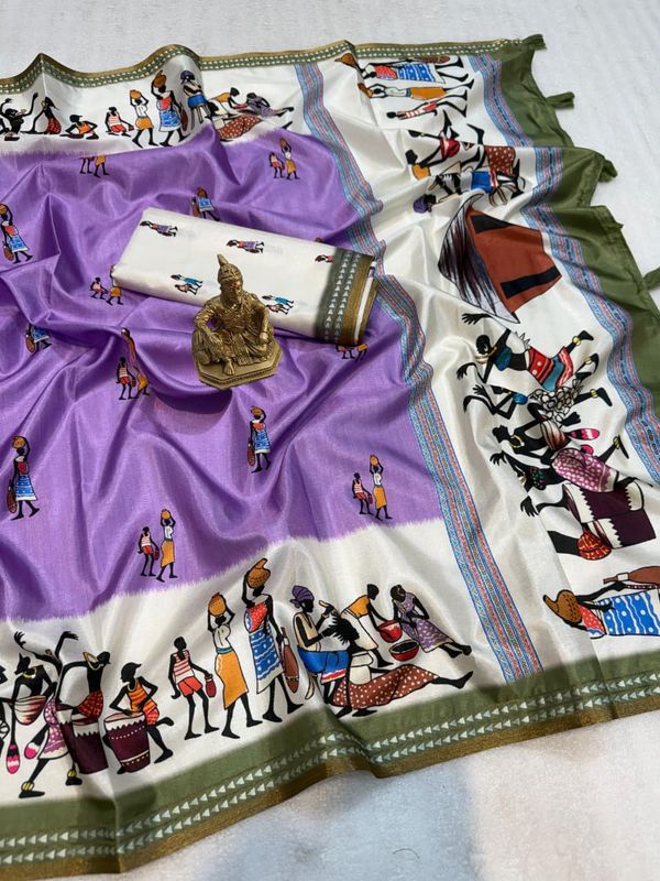 Elegant Purple Warli Art Cotton Saree With Designer Pallu