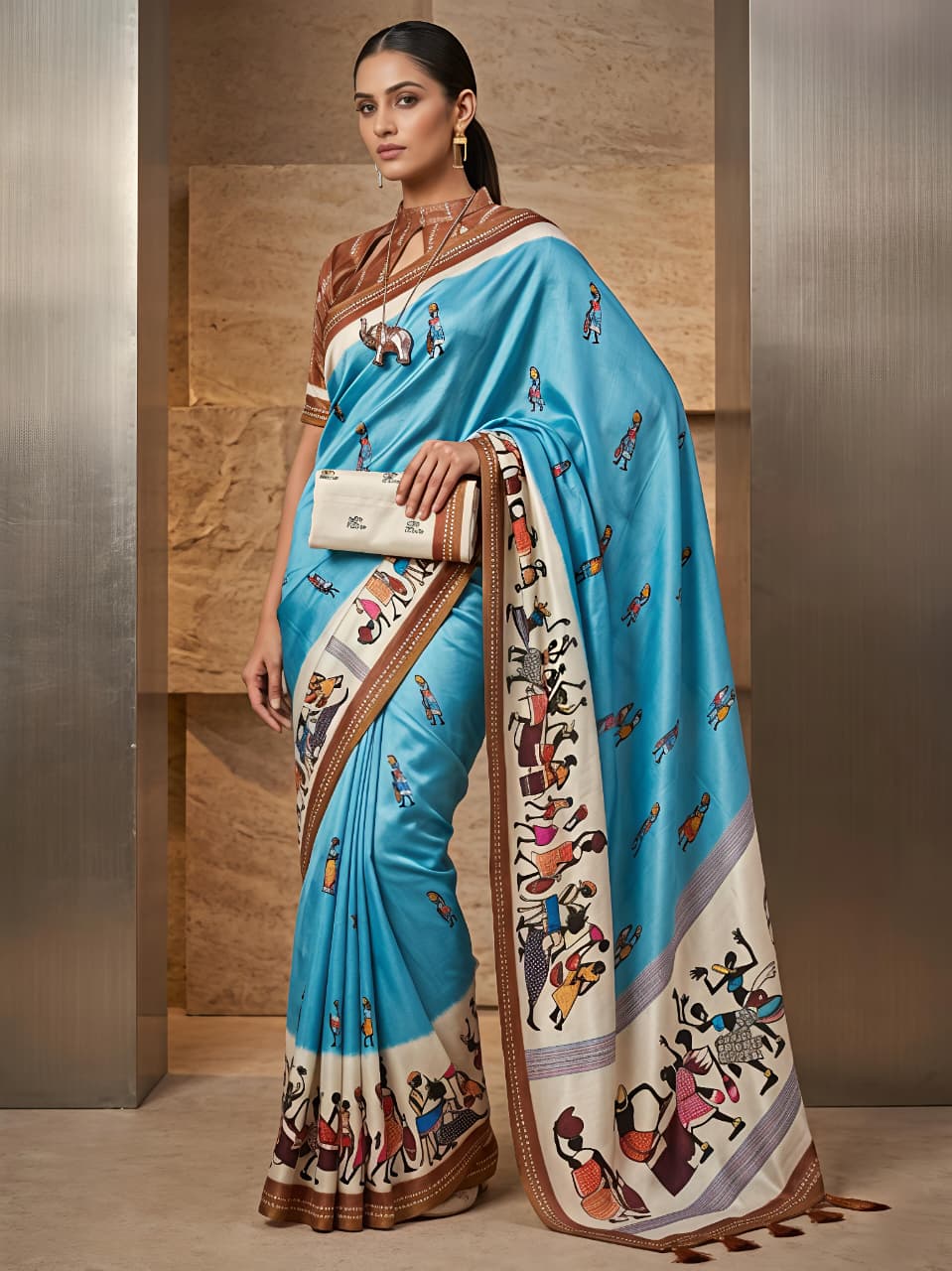 Festive Folk Warli Printed Blue Cotton Saree