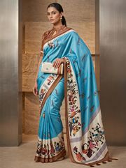 Festive Folk Warli Printed Blue Cotton Saree - 