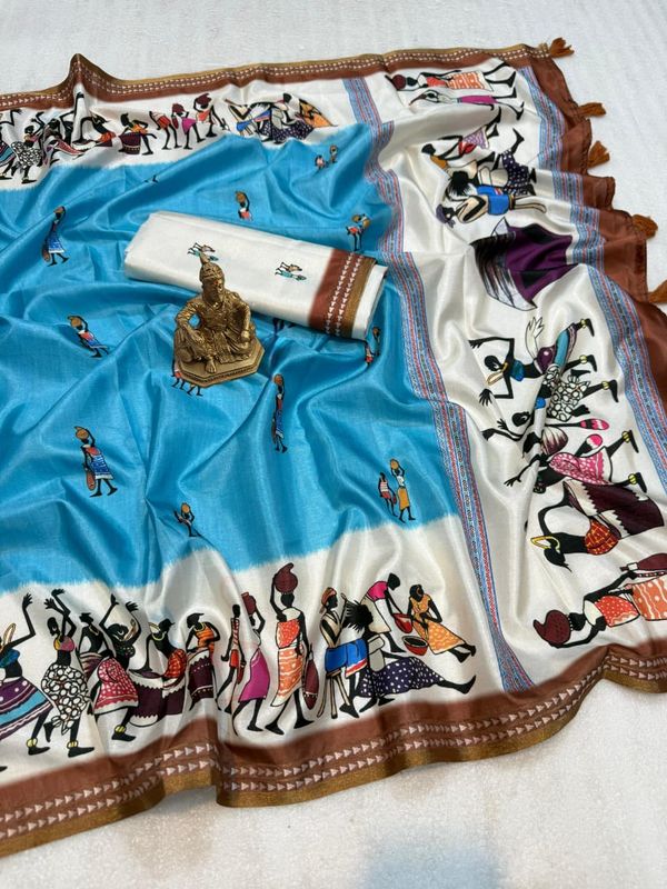 Festive Folk Warli Printed Blue Cotton Saree