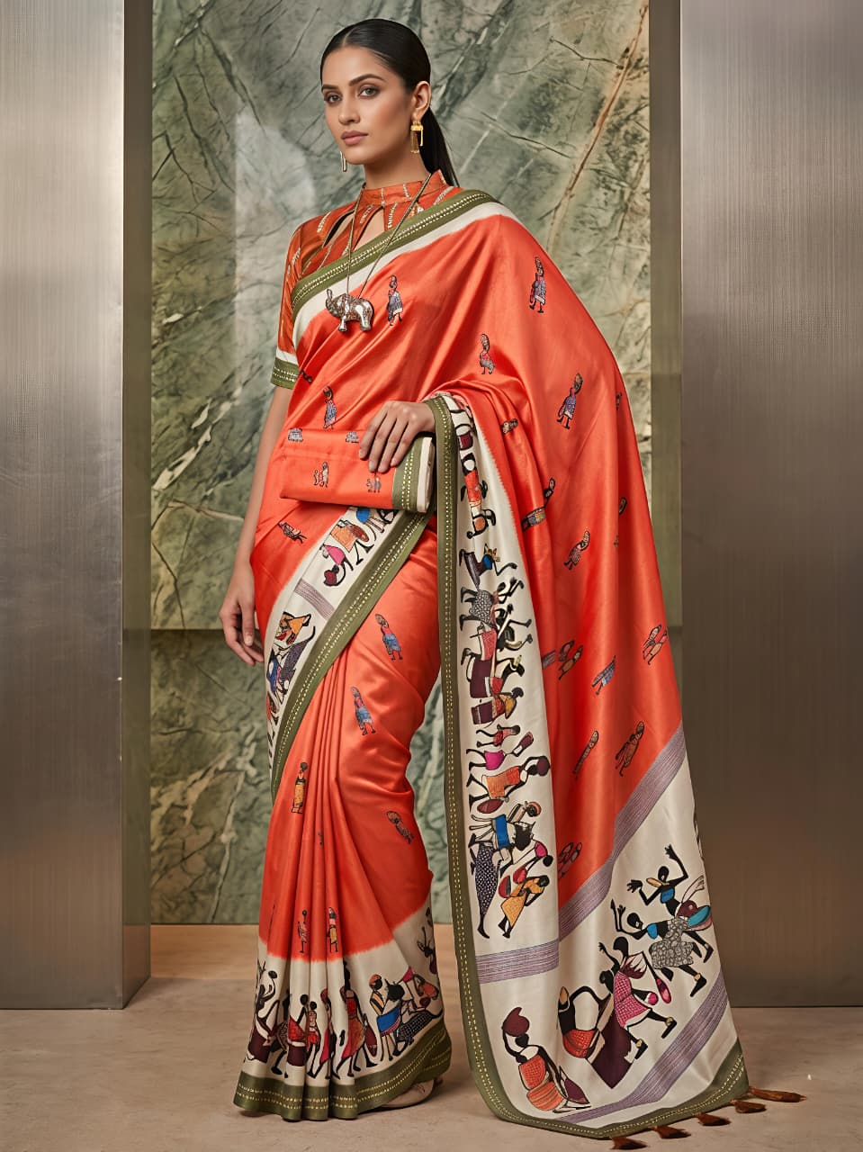 Traditional Touch Warli Art Orange Saree