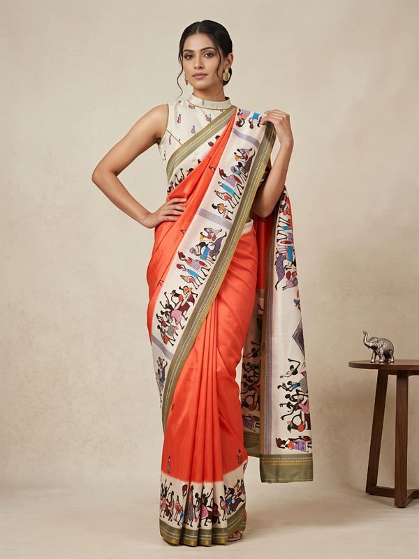 Traditional Touch Warli Art Orange Saree
