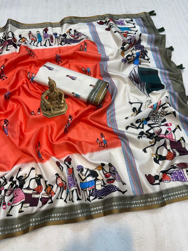 Traditional Touch Warli Art Orange Saree