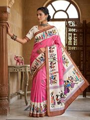 Festive Pink Cotton Saree with Warli Design - 