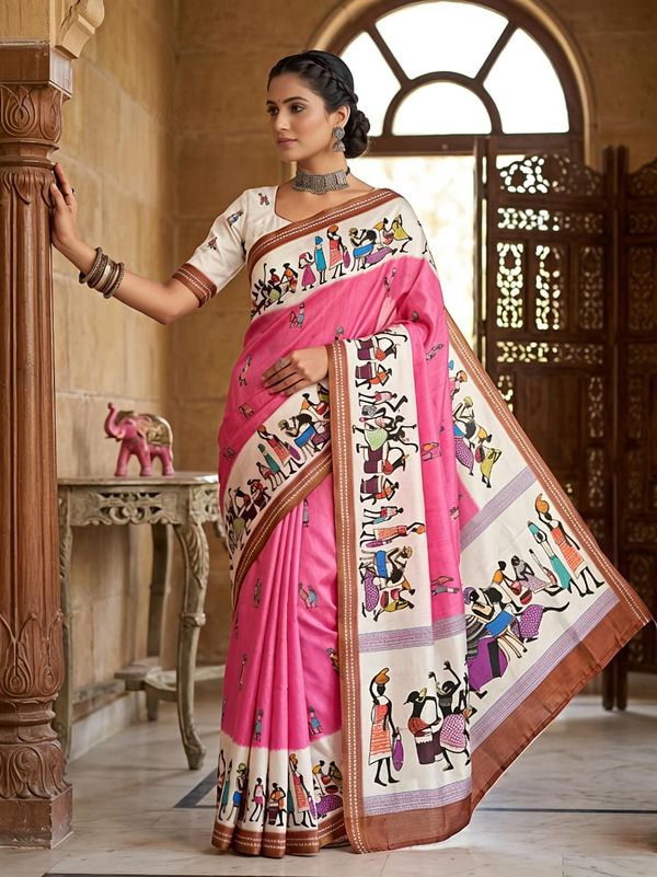 Festive Pink Cotton Saree with Warli Design