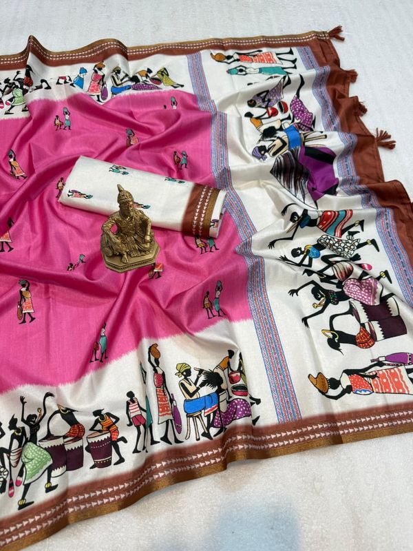 Festive Pink Cotton Saree with Warli Design