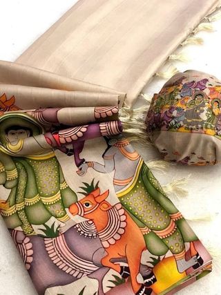 Tussar Silk Kalamkari Printed Saree with Blouse