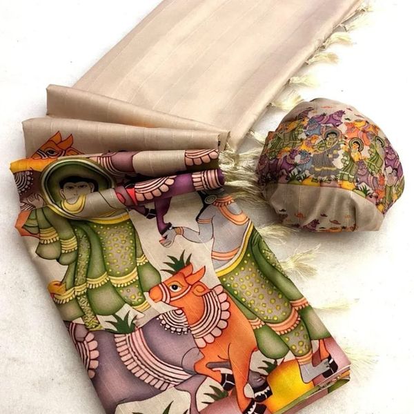 Tussar Silk Kalamkari Printed Saree with Blouse