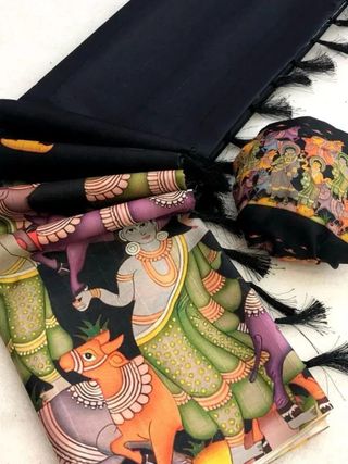 Black Kalamkari Tussar Silk Saree with Blouse