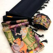 Black Kalamkari Tussar Silk Saree with Blouse - 