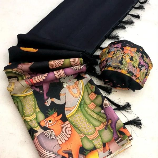 Black Kalamkari Tussar Silk Saree with Blouse