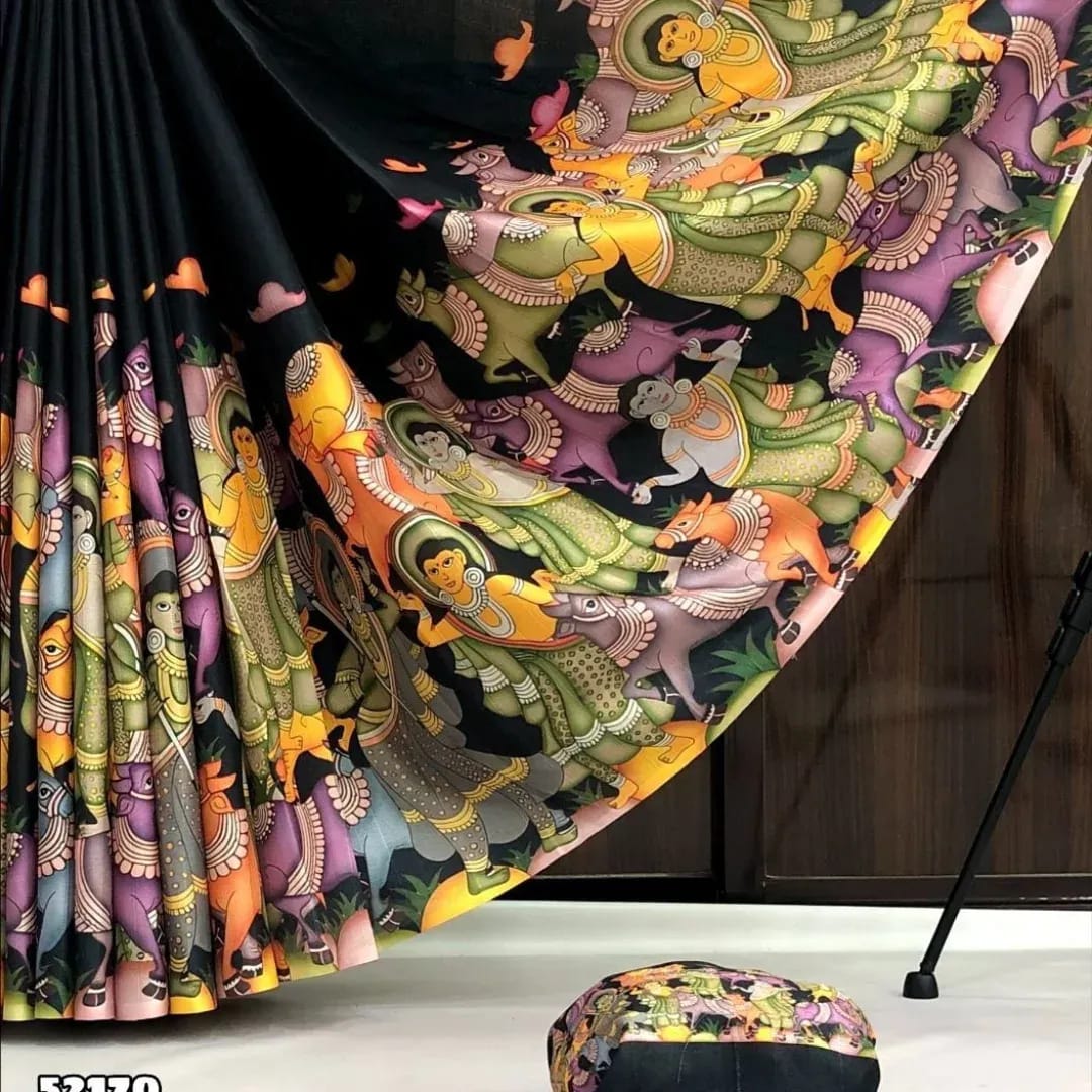 Black Kalamkari Tussar Silk Saree with Blouse