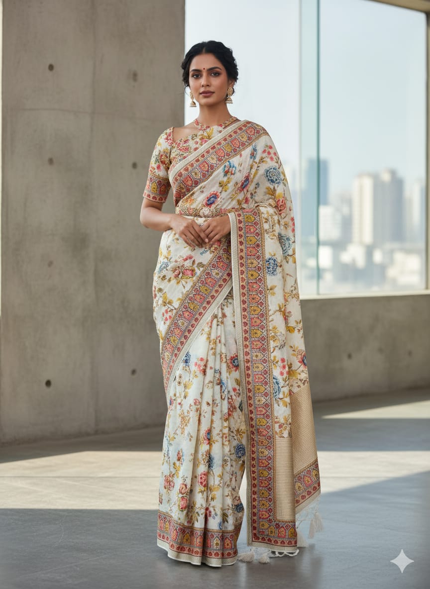 Designer Cream Floral Print Georgette Saree with Blouse