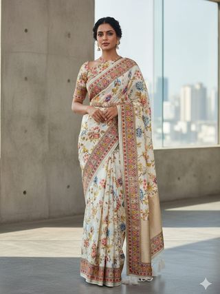 Designer Cream Floral Print Georgette Saree with Blouse