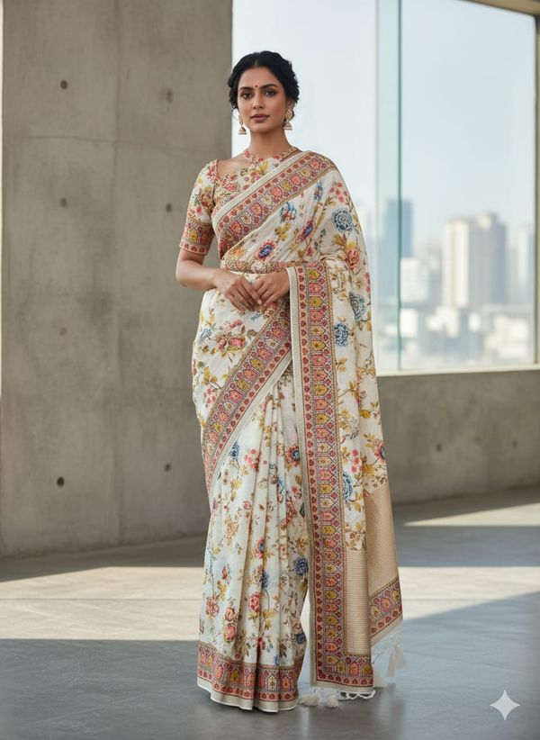 Designer Cream Floral Print Georgette Saree with Blouse