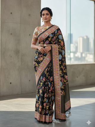 Black Floral Georgette Saree with Zari Border Online