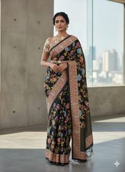 Black Floral Georgette Saree with Zari Border Online - 