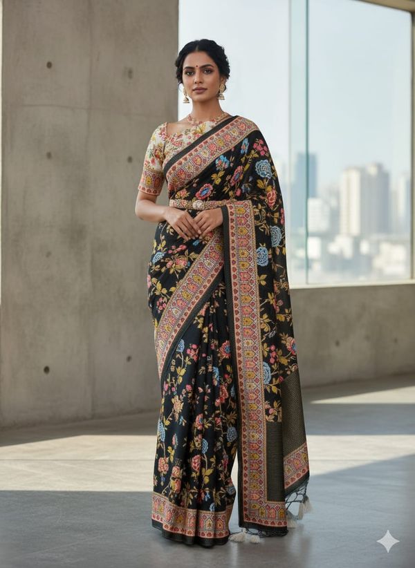 Black Floral Georgette Saree with Zari Border Online