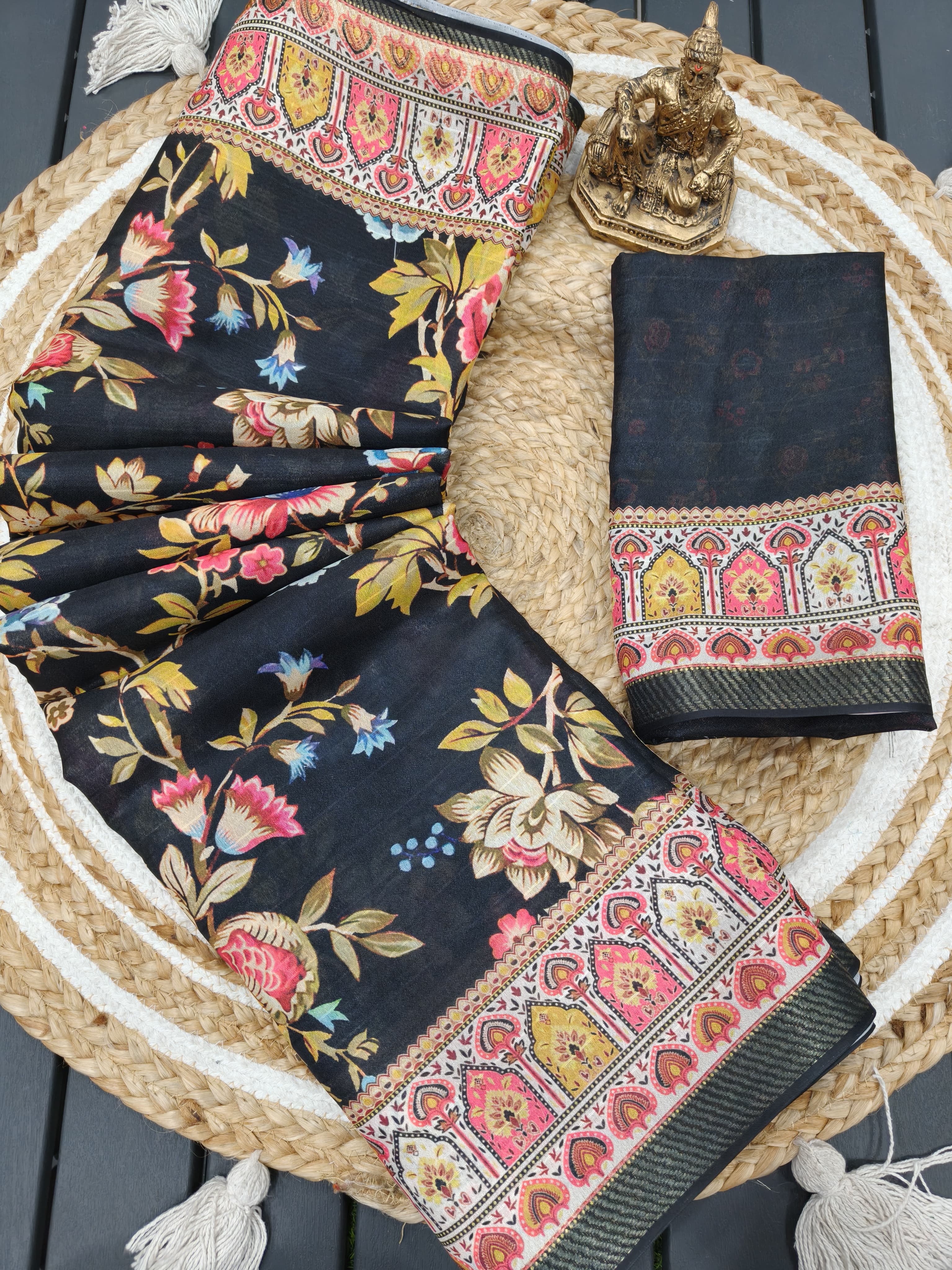 Black Floral Georgette Saree with Zari Border Online