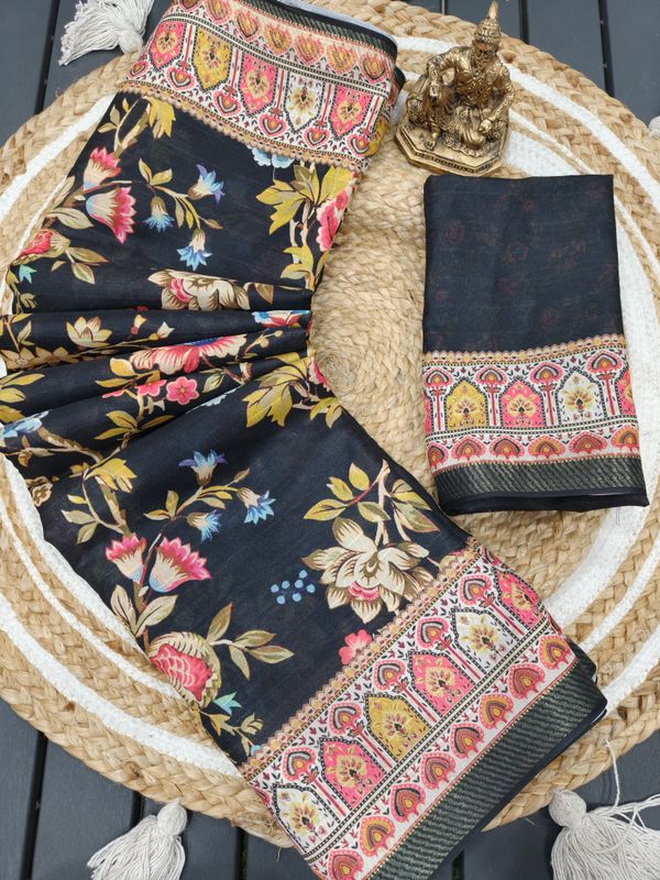 Black Floral Georgette Saree with Zari Border Online