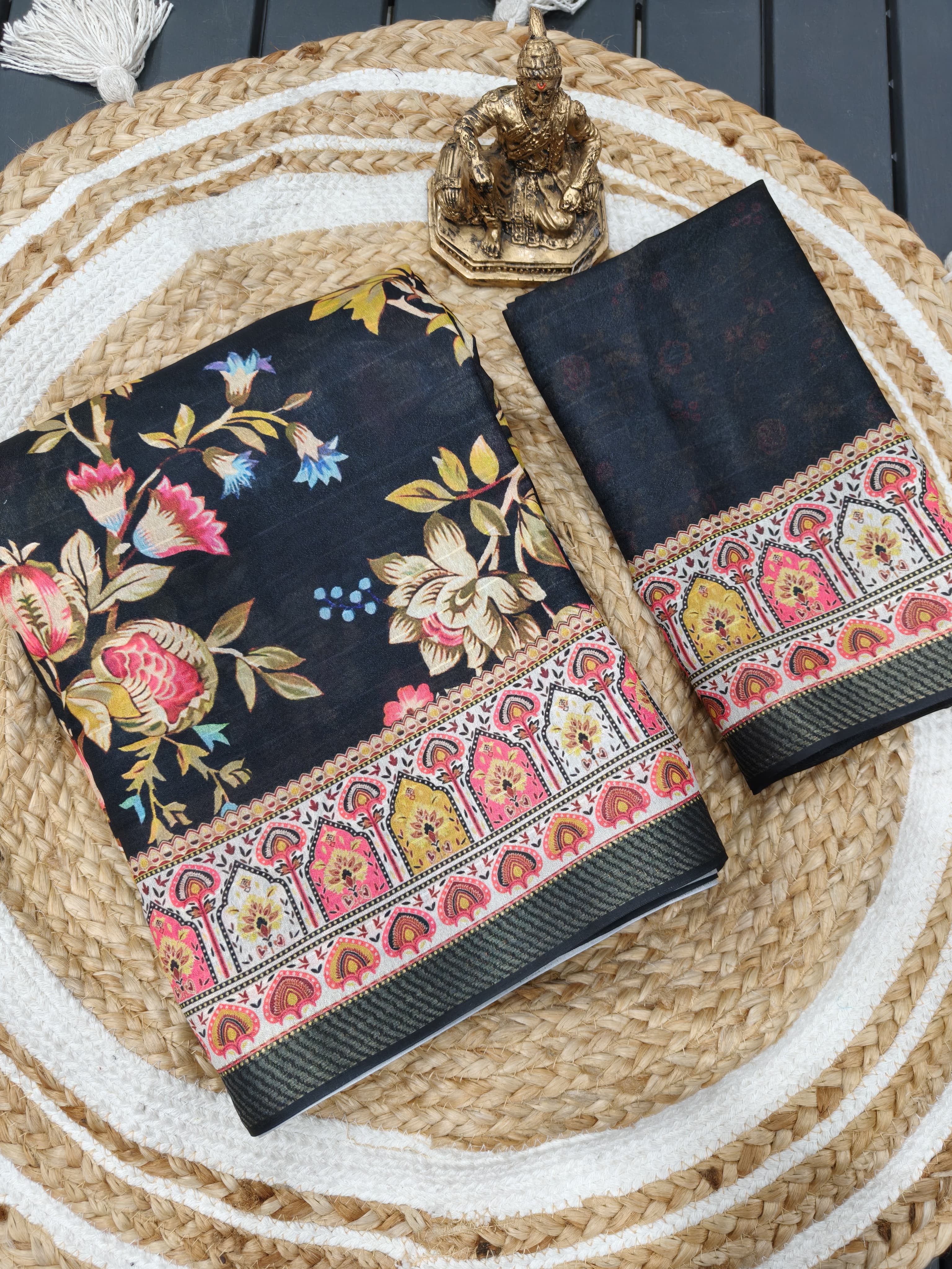 Black Floral Georgette Saree with Zari Border Online