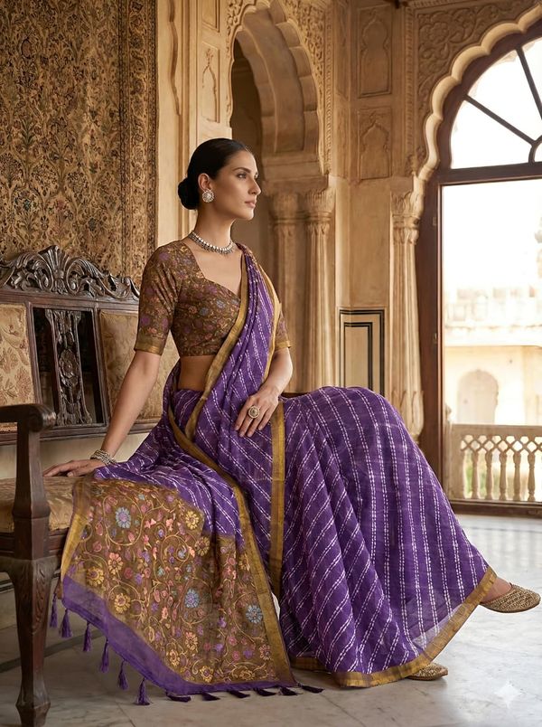 Traditional Purple Linen Saree with Gold Border Work