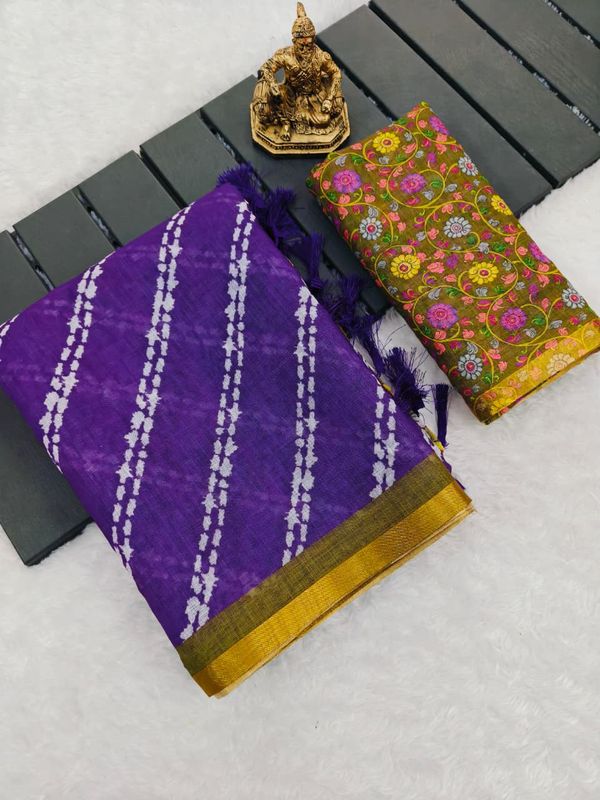 Traditional Purple Linen Saree with Gold Border Work