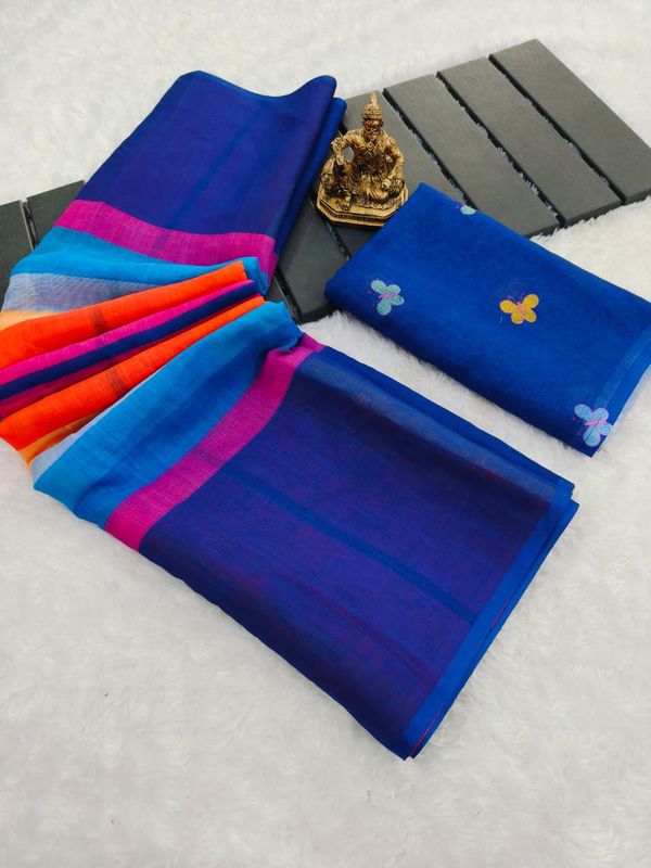 Soft Linen Blue Saree with Stylish Pallu Design