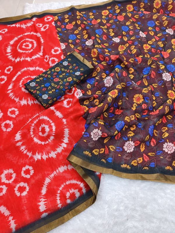 Premium Red Linen Saree with Multicolor Pallu