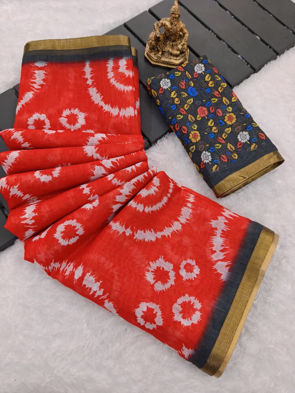 Premium Red Linen Saree with Multicolor Pallu