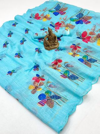 Elegant Sky Blue Floral Linen Saree with Aari Work