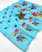 Elegant Sky Blue Floral Linen Saree with Aari Work - 