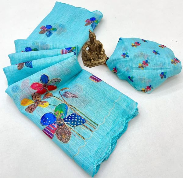 Elegant Sky Blue Floral Linen Saree with Aari Work