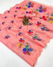 Trendy Peach Linen Saree with Aari Work Blouse - 