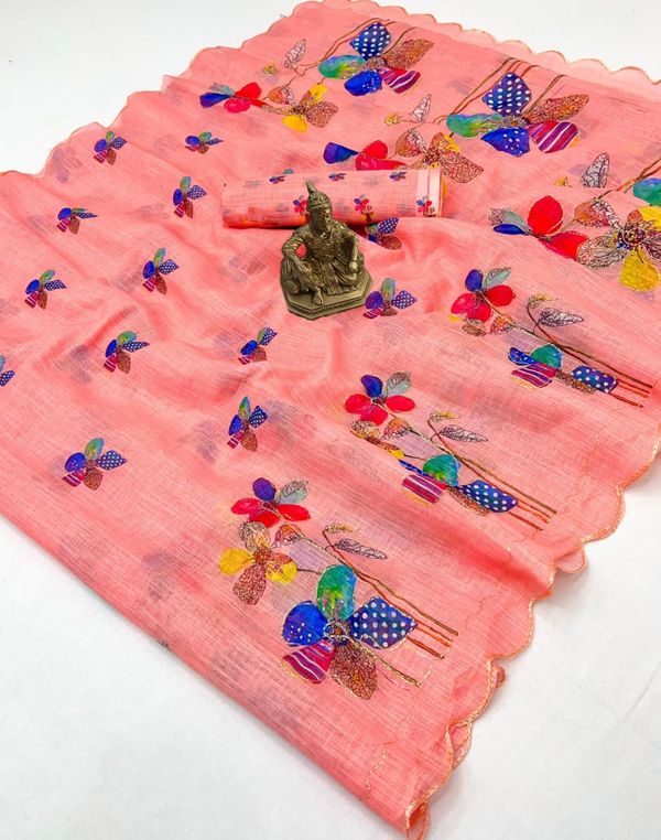 Trendy Peach Linen Saree with Aari Work Blouse
