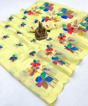 Lemon Yellow Linen Saree with Floral Aari Zari Work - 