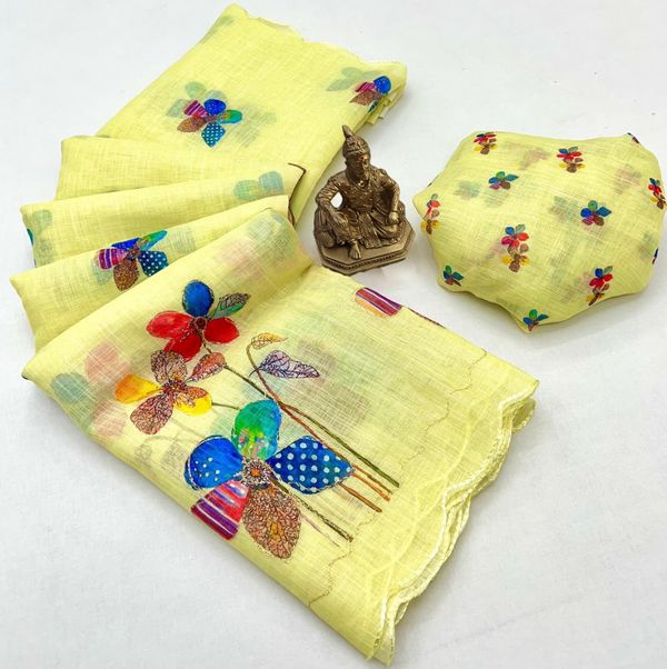 Lemon Yellow Linen Saree with Floral Aari Zari Work