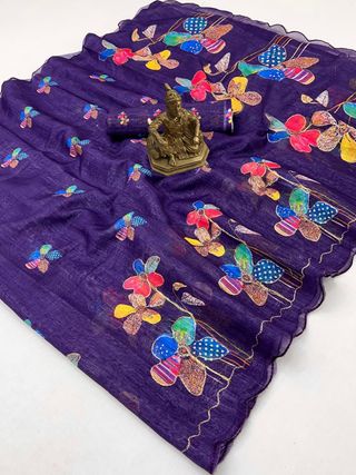 Premium Purple Aari Work Linen Saree with Blouse