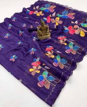 Premium Purple Aari Work Linen Saree with Blouse - 