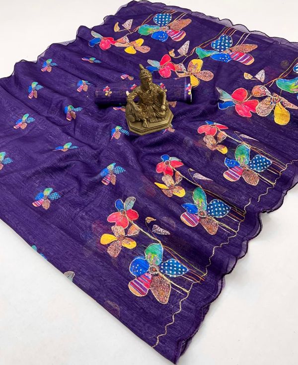 Premium Purple Aari Work Linen Saree with Blouse