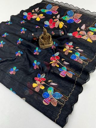 Black Floral Aari Work Linen Saree Online India