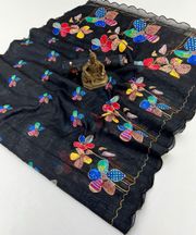 Black Floral Aari Work Linen Saree Online India - 