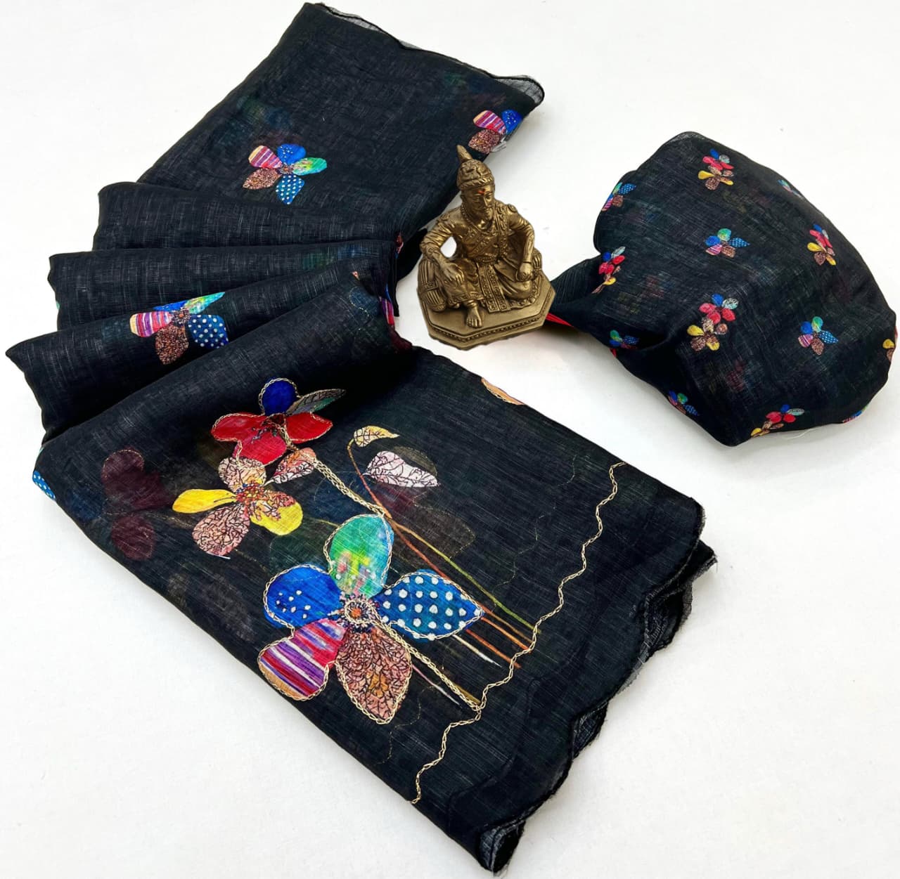 Black Floral Aari Work Linen Saree Online India