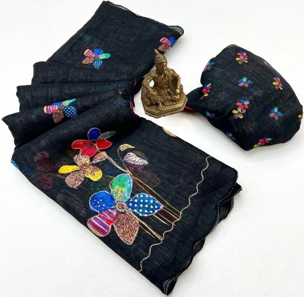 Black Floral Aari Work Linen Saree Online India